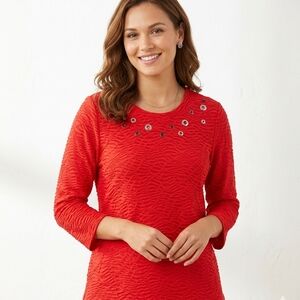 Onque Casuals Red Textured Eyelet Neckline Top Womens Large #135